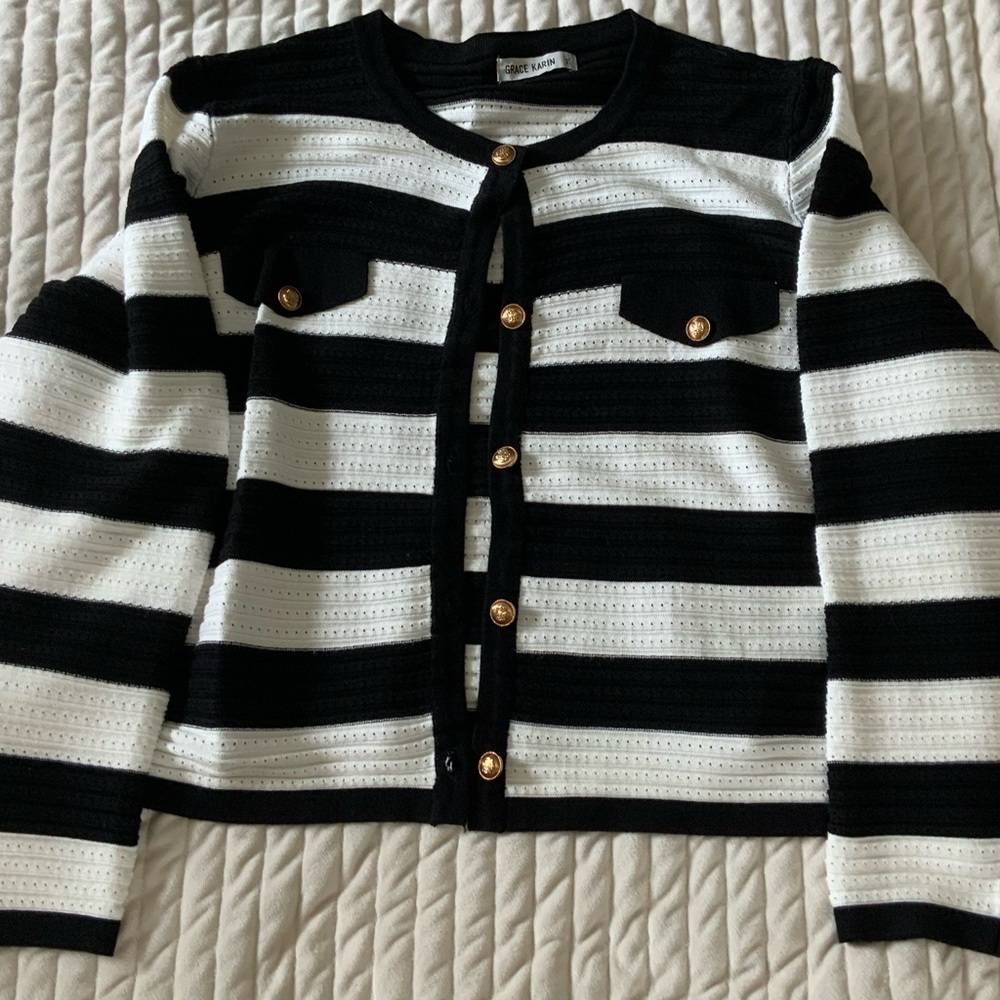 Chic Striped Cardigan with Gold Accents